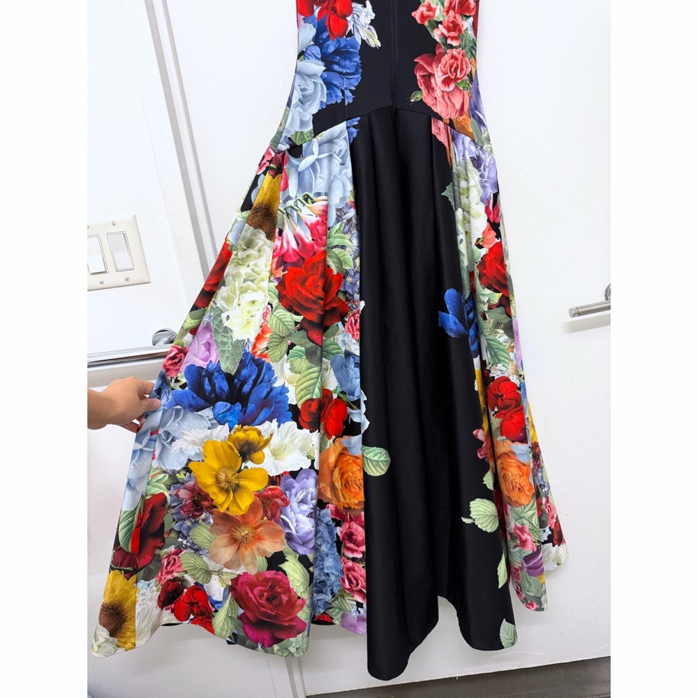 Alice + Olivia Adley Drop Waist Midi Dress Garden Brunch Black Floral Colorful 4 - Picture 11 of 16